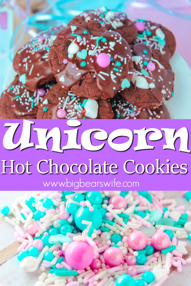 Unicorn Hot Chocolate Cookies - These Unicorn Hot Chocolate Cookies are rich chocolate cookies with melted marshmallows stacked on top with a chocolate glaze drizzle and sprinkles! They're the MOST requested dessert at our parties! #unicorn #hotchocolatecookies #chocolatecookies via @bigbearswife