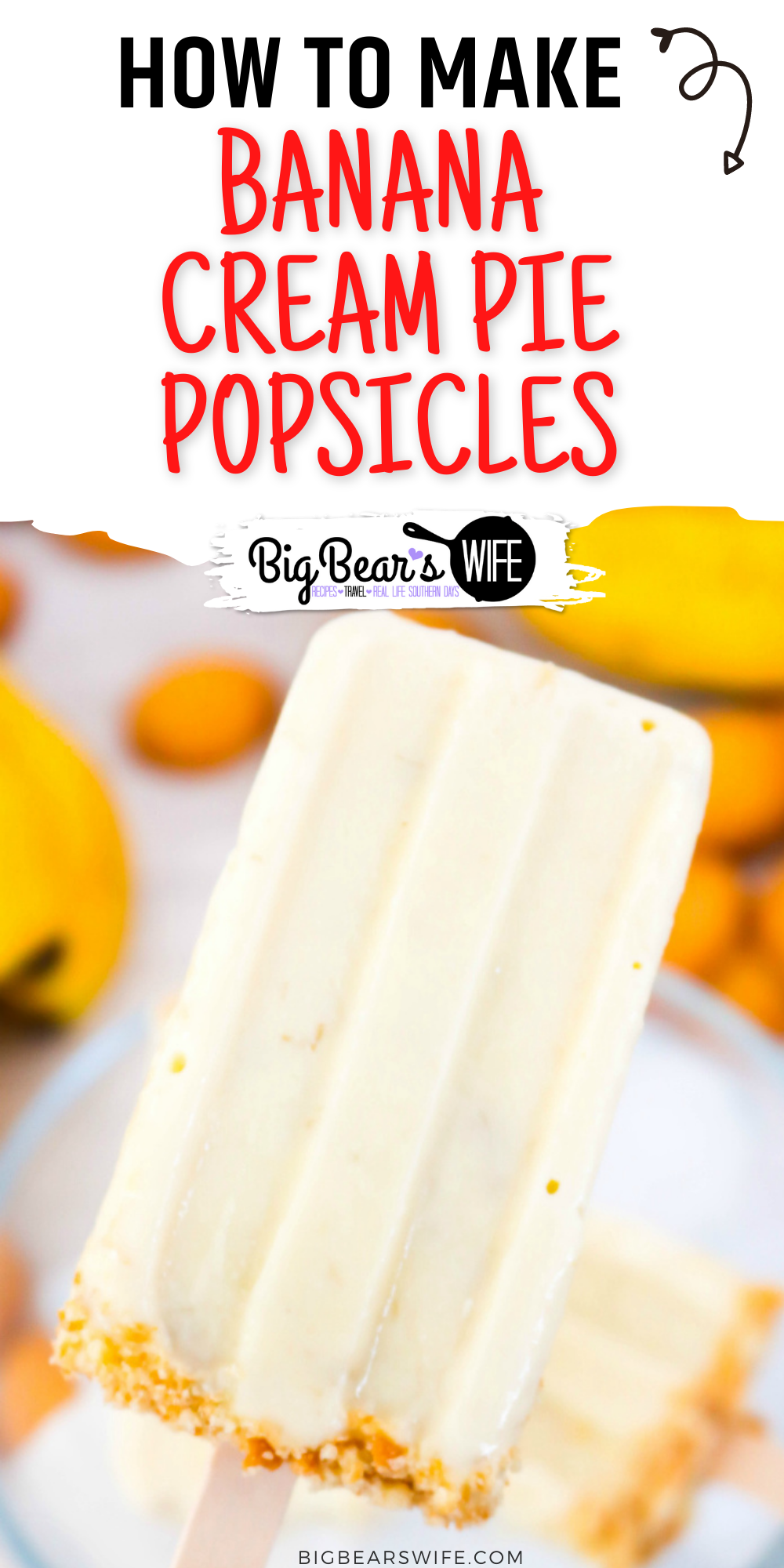 These Banana Cream Pie Popsicles have the amazing classic flavor of a banana cream pie molded and frozen into homemade popsicles. Cool and creamy with a crushed vanilla wafer topping. via @bigbearswife