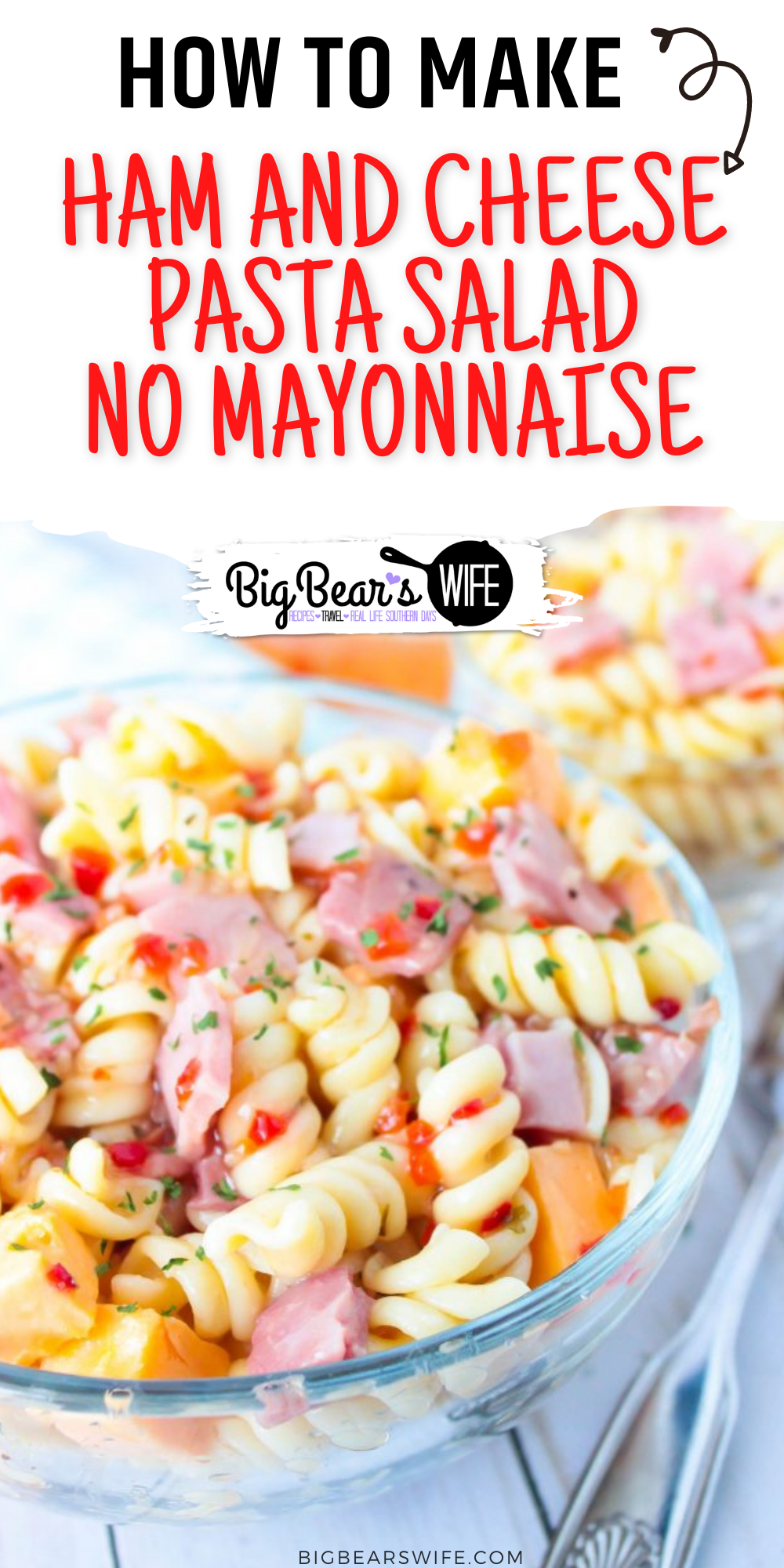 Looking for the perfect pasta salad to take to that family cookout or neighborhood block party? This Ham and Cheese Pasta Salad would be perfect! Plus, it's made without mayo, so it's safe to set out for a bit!  via @bigbearswife