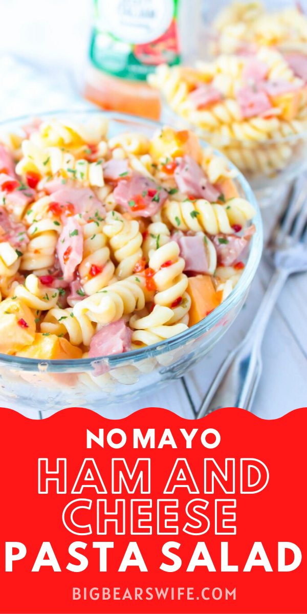 Ham and Cheese Pasta Salad - No Mayonnaise - Looking for the perfect pasta salad to take to that family cookout or neighborhood block party? This Ham and Cheese Pasta Salad would be perfect! Plus, it's made without mayo, so it's safe to set out for a bit!  via @bigbearswife