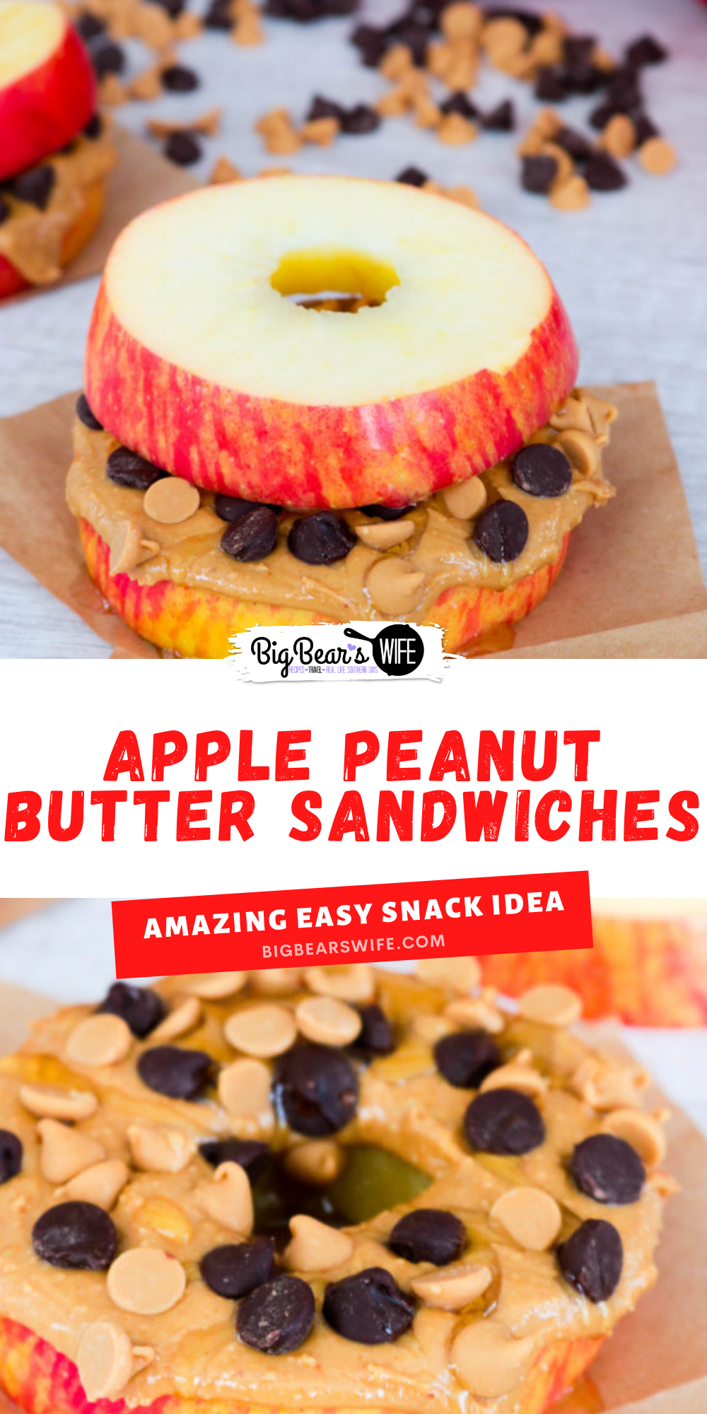 These Apple Peanut Butter Sandwiches are fun and easy to make! Eat these apple “sandwiches” with just peanut butter or add in all sorts of treats like chocolate chips, peanut butter chips, honey, oats, or raisins. via @bigbearswife