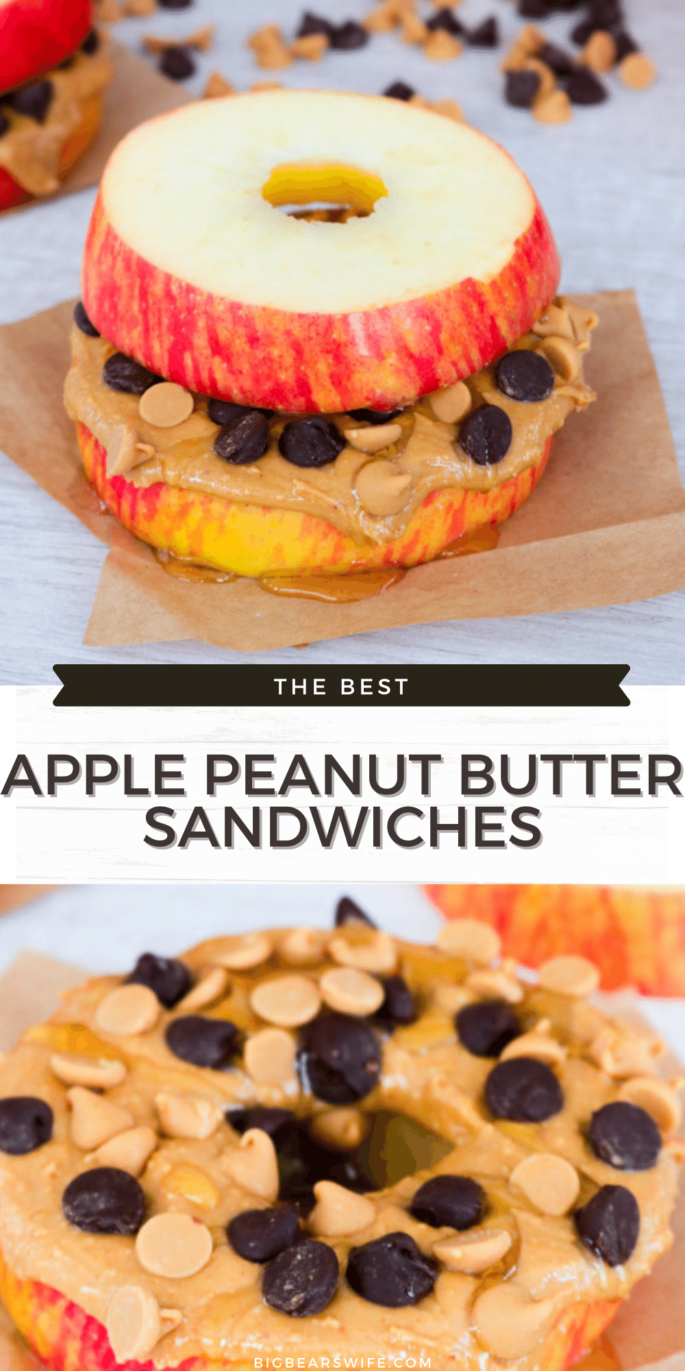 These Apple Peanut Butter Sandwiches are fun and easy to make! Eat these apple “sandwiches” with just peanut butter or add in all sorts of treats like chocolate chips, peanut butter chips, honey, oats, or raisins. via @bigbearswife