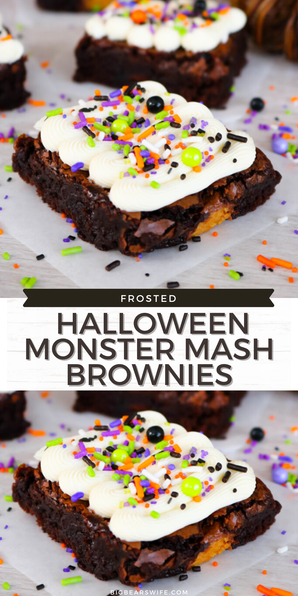 Peanut Butter stuffed brownies are celebrating Halloween with Monster Mash makeover! These Frosted Halloween Monster Mash Brownies have the perfect Halloween sprinkles on top of the easy homemade frosting and creepy gummy eyeballs.  via @bigbearswife