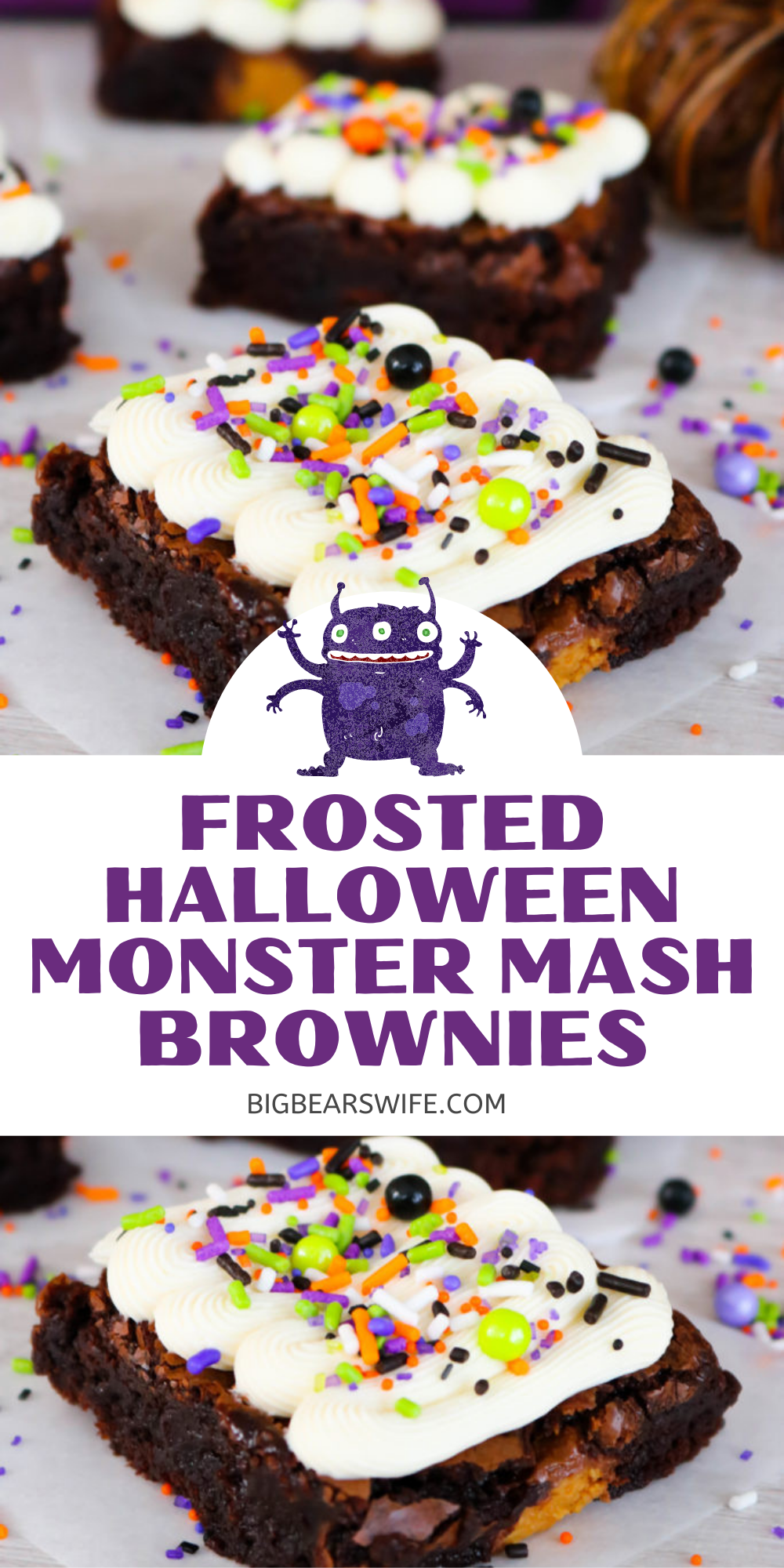 Peanut Butter stuffed brownies are celebrating Halloween with Monster Mash makeover! These Frosted Halloween Monster Mash Brownies have the perfect Halloween sprinkles on top of the easy homemade frosting and creepy gummy eyeballs.  via @bigbearswife