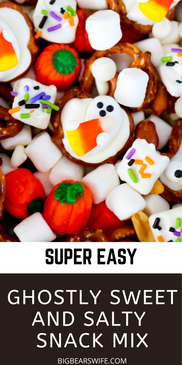 Treat your friends and family with this spooktacular Ghostly Sweet and Salty Snack Mix at your next Halloween Party! Leave the recipe as is or change it up to add whatever you like!  via @bigbearswife