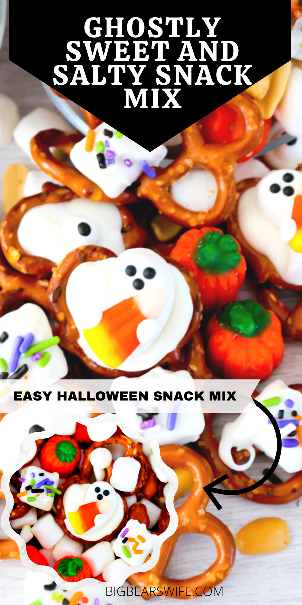 Treat your friends and family with this spooktacular Ghostly Sweet and Salty Snack Mix at your next Halloween Party! Leave the recipe as is or change it up to add whatever you like!  via @bigbearswife