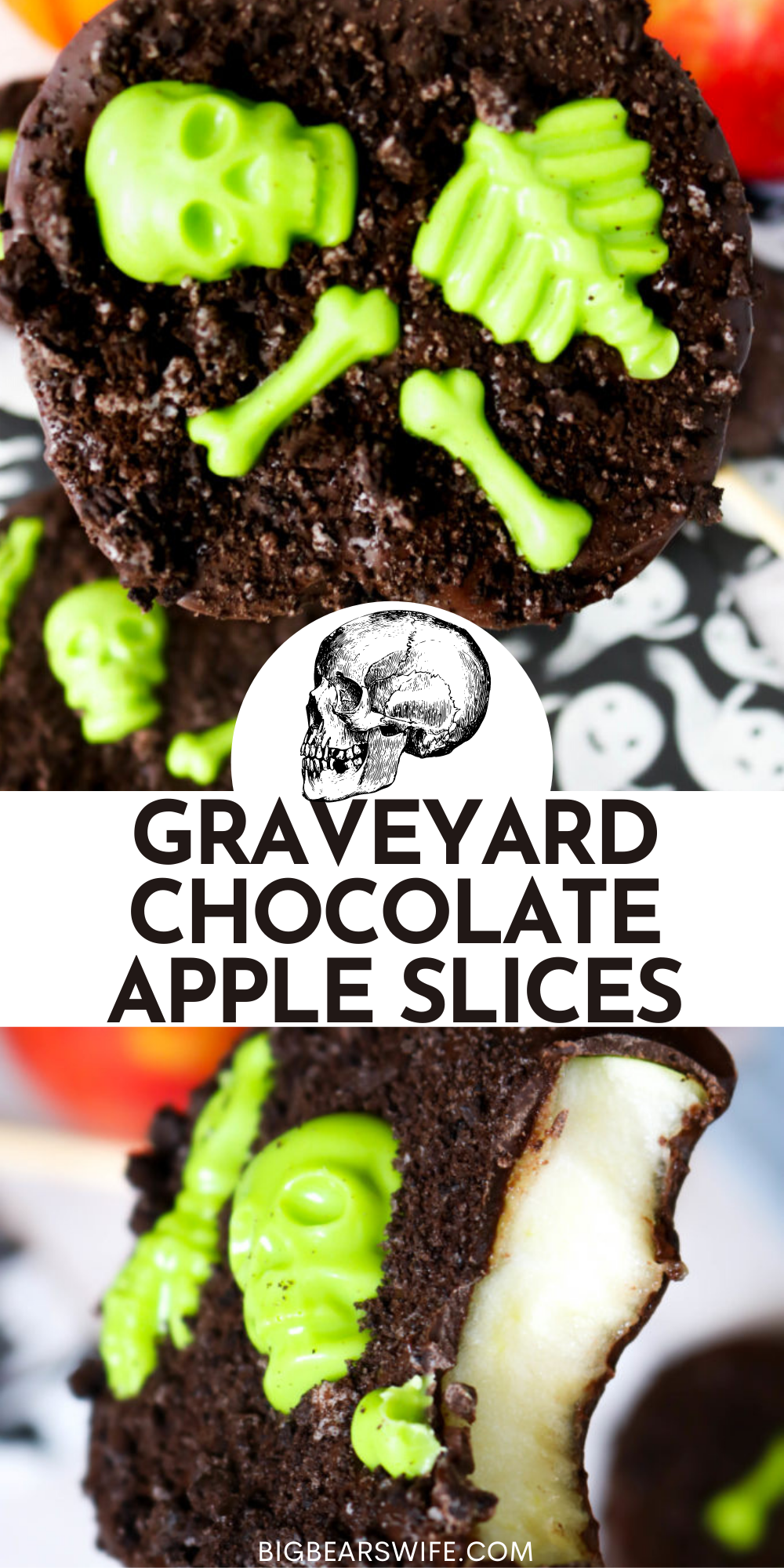 Melted chocolate and candy skeletons decorate fresh apple slices for a tasty Halloween treats that kids and adults will love!  You'll love how easy these Graveyard Chocolate Apple Slices are to make and decorate too!  via @bigbearswife