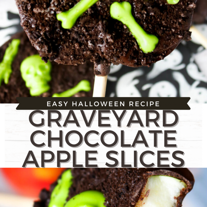 Melted chocolate and candy skeletons decorate fresh apple slices for a tasty Halloween treats that kids and adults will love!  You'll love how easy these Graveyard Chocolate Apple Slices are to make and decorate too! 