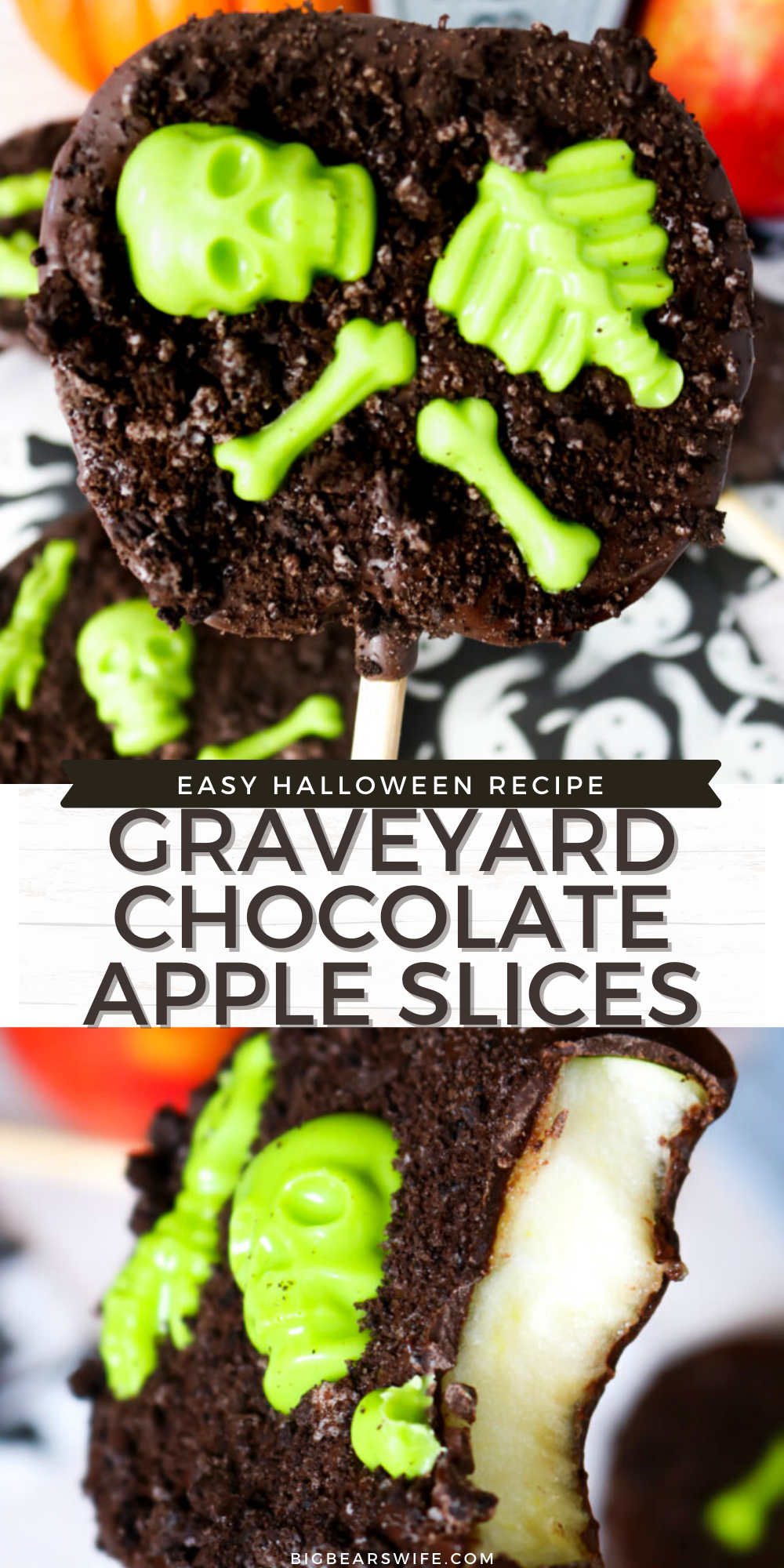 Melted chocolate and candy skeletons decorate fresh apple slices for a tasty Halloween treats that kids and adults will love!  You'll love how easy these Graveyard Chocolate Apple Slices are to make and decorate too!  via @bigbearswife