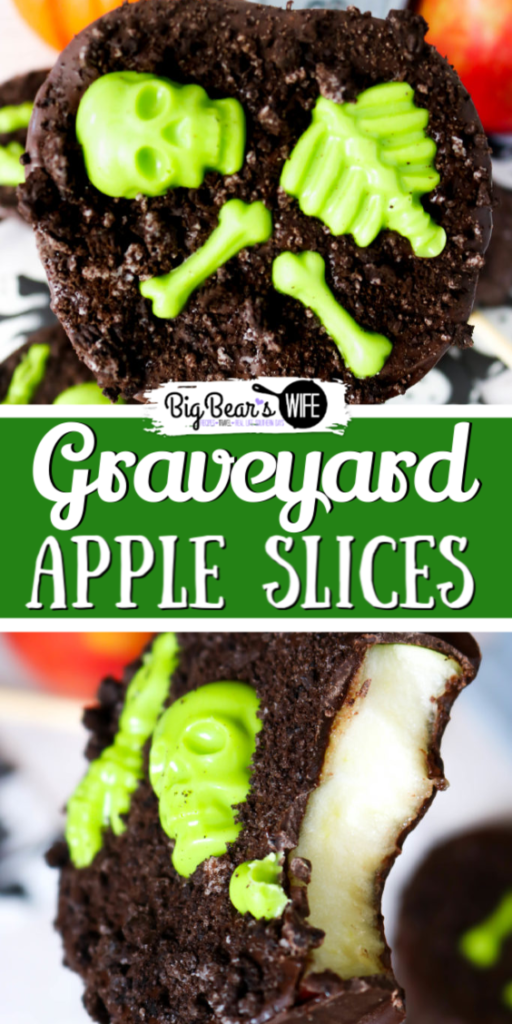 Graveyard Chocolate Apple Slices - Melted chocolate and candy skeletons decorate fresh apple slices for a tasty Halloween treats that kids and adults will love!  You'll love how easy these Graveyard Chocolate Apple Slices are to make and decorate too! 