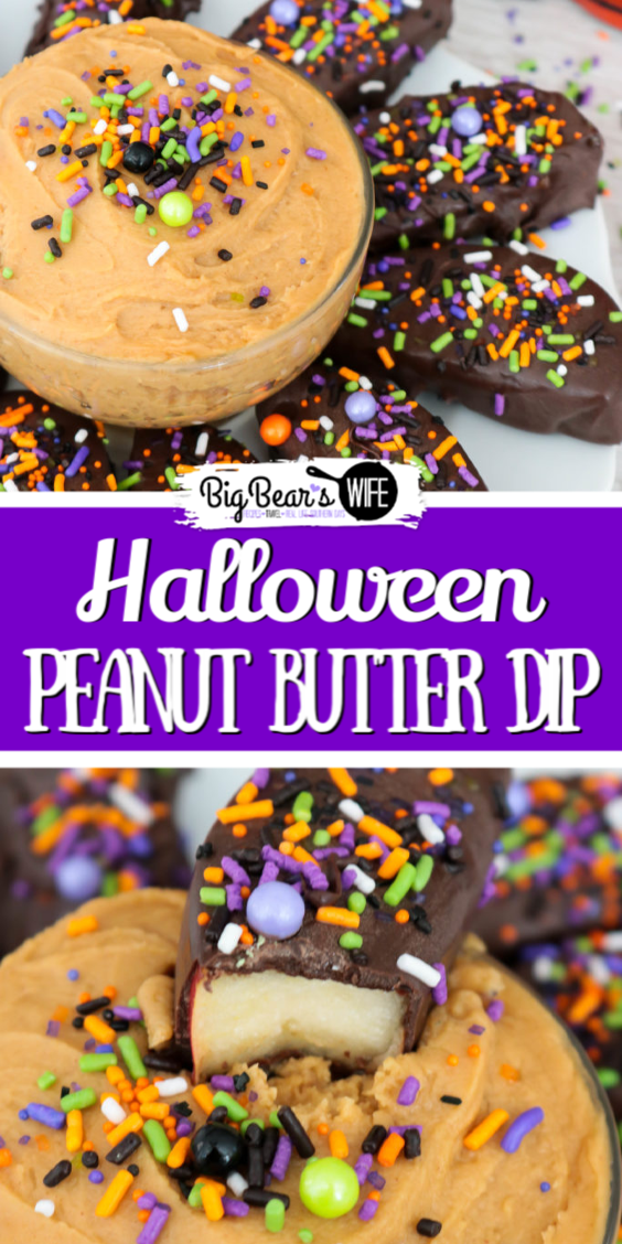 Halloween Apple Slices and Peanut Butter Dip - Need an easy Halloween dessert? You need these Halloween Apple Slices and Peanut Butter Dip! These chocolate dipped apples are dressed up with some fun Monster Mash sprinkles and join the party with a tasty peanut butter dip!  via @bigbearswife