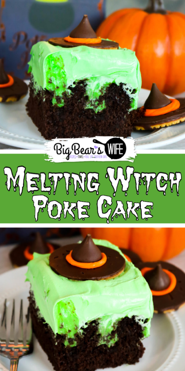Melting Witch Poke Cake - A classic southern dessert is turned into a wickedly wonderful Halloween treat with this easy Melting Witch Poke Cake!  via @bigbearswife