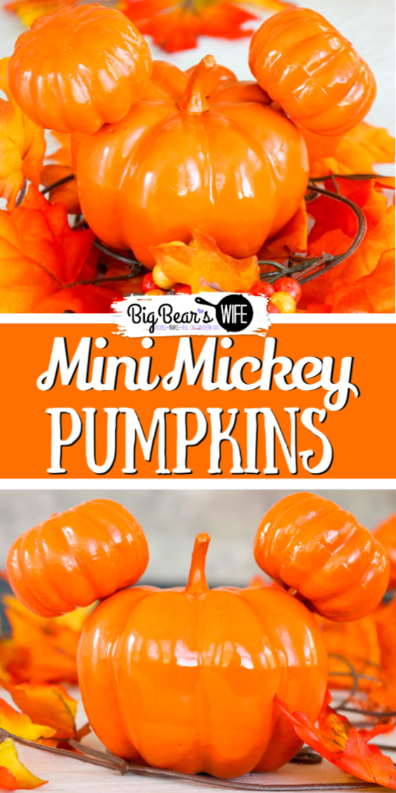 Mini Mickey Pumpkins - I made these cute Mini Mickey Pumpkins for my son's 1st birthday party! They're great for a Mickey Pumpkin party or a Disney lover's Halloween!  #DisneyHalloween #MickeyPumpkins #MickeyPumpkinParty via @bigbearswife