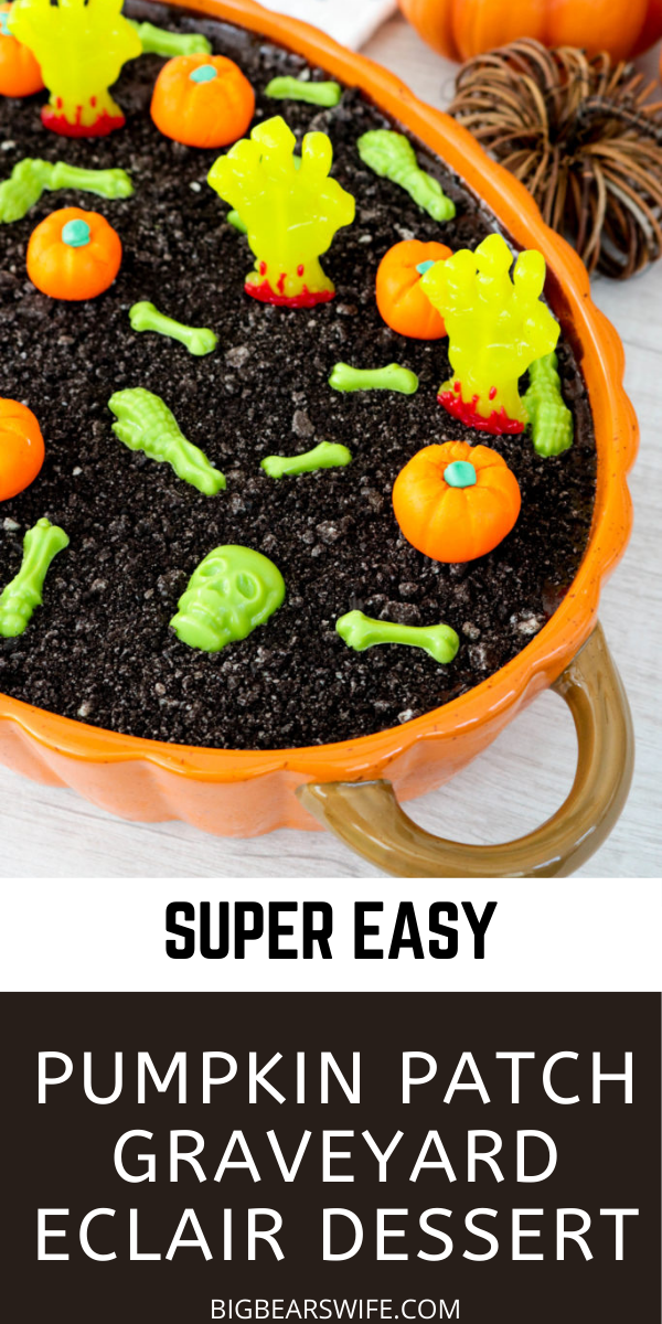 This delicious eclair dessert has a gotten a spooky twist with chocolate candy skeletons, zombie gummy hands, and homemade marshmallow pumpkins. A Pumpkin Patch Graveyard Eclair Dessert is perfect for Halloween!  via @bigbearswife