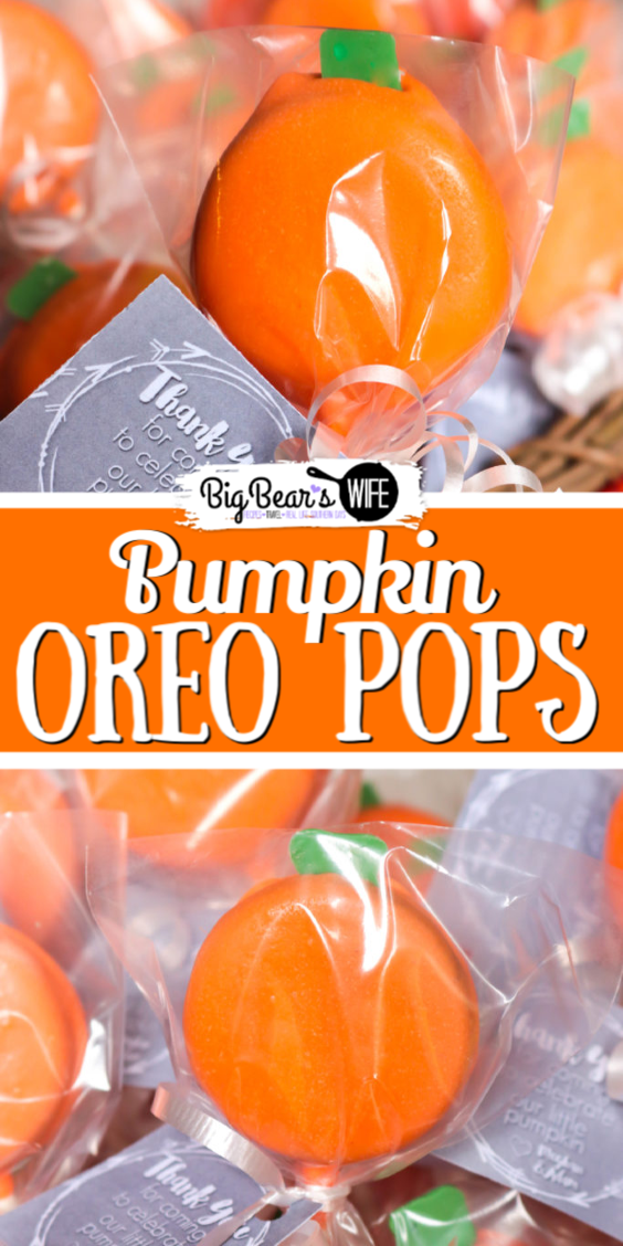 Pumpkin Oreo Pops - These little Pumpkin Oreo Pops are perfect for a Halloween party, Fall festival or as a pumpkin baby shower favor!  via @bigbearswife
