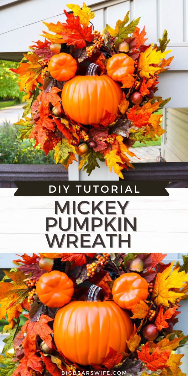 If you're crazy about the big Mickey wreaths that the Disney Parks decorate with you're going to love this Mickey Pumpkin Wreath DIY Tutorial! Now you can decorate your own home with a little Disney magic!  via @bigbearswife