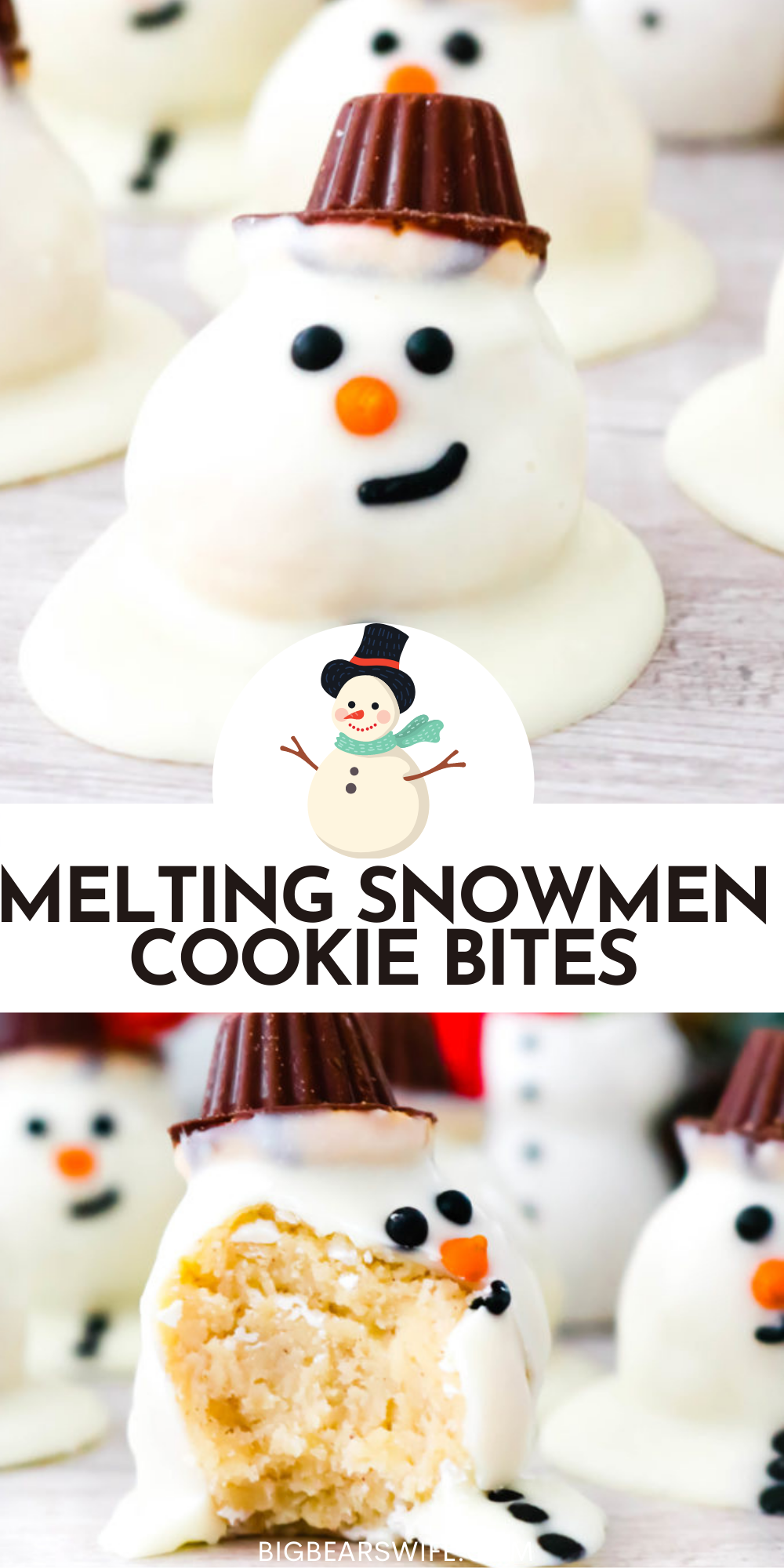 This adorable dessert is actually homemade snickerdoodles rolled into balls and coated with white chocolate to look like a cute melting snowman. Get the kids involved with this one. This easy recipe can be mastered by chefs of all ages. One part cookie, one part candy, and one part edible art! Melting Snowmen Cookie Bites are sure to be a hit at your holiday parties and winter get-togethers! via @bigbearswife