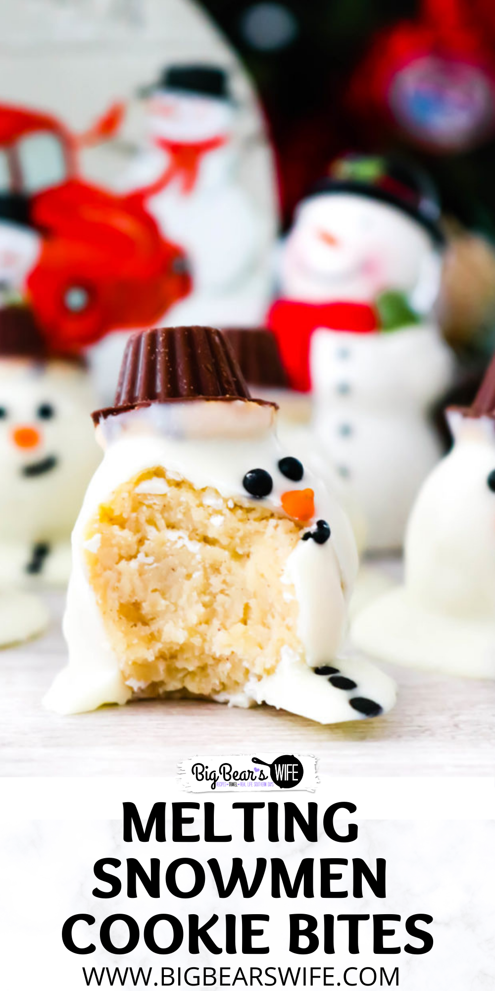 This adorable dessert is actually homemade snickerdoodles rolled into balls and coated with white chocolate to look like a cute melting snowman. Get the kids involved with this one. This easy recipe can be mastered by chefs of all ages. One part cookie, one part candy, and one part edible art! Melting Snowmen Cookie Bites are sure to be a hit at your holiday parties and winter get-togethers! via @bigbearswife