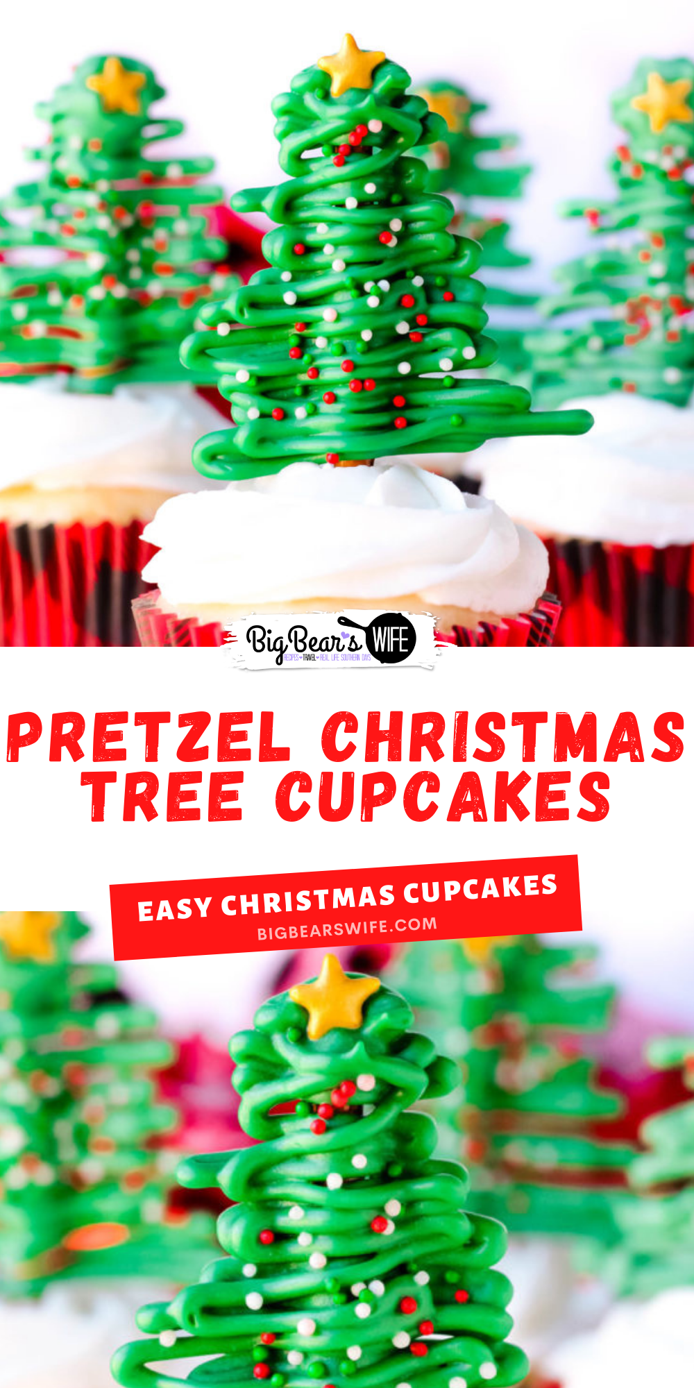 It's a sweet and salty Christmas treat that everyone will love. These Pretzel Christmas Tree Cupcakes are fun to make and fun to eat! via @bigbearswife
