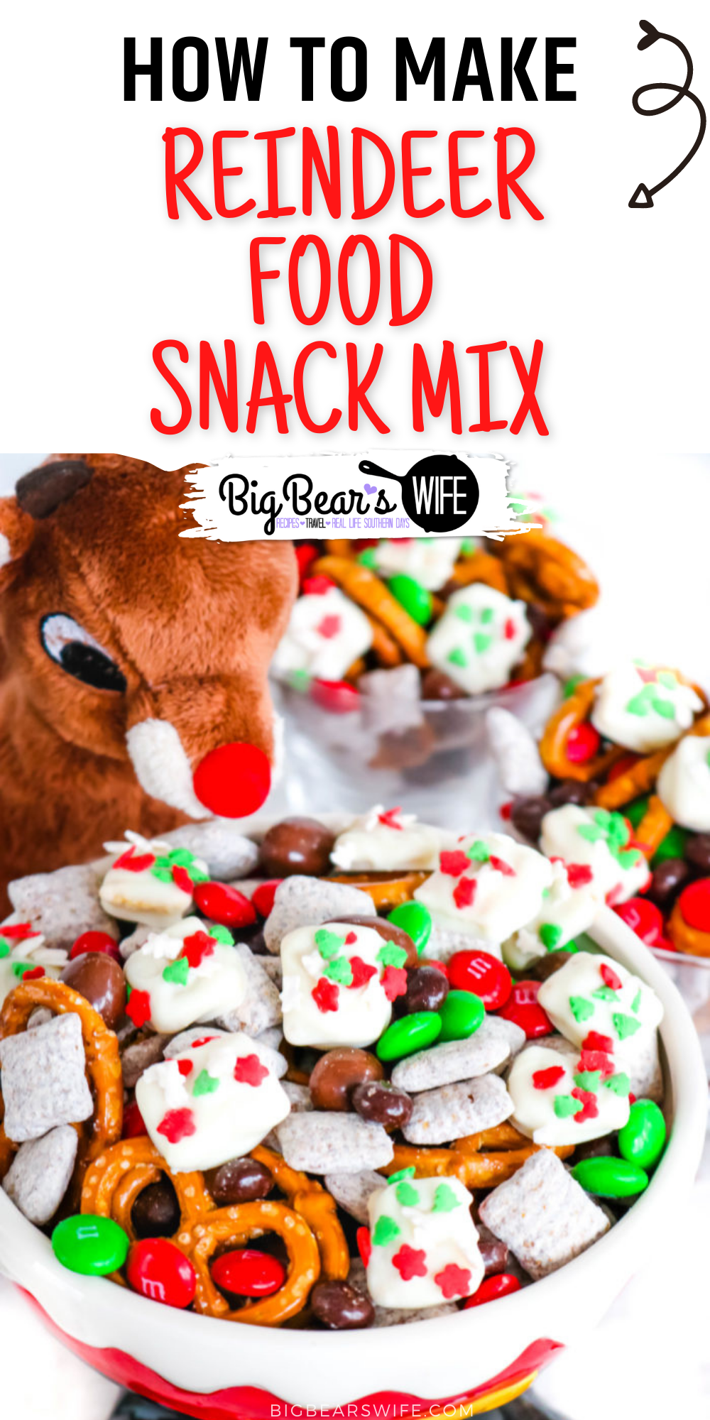 Reindeer Food Snack Mix is a festive trail mix with sweet and salty treats mixed together with homemade Reindeer Food bites!  via @bigbearswife