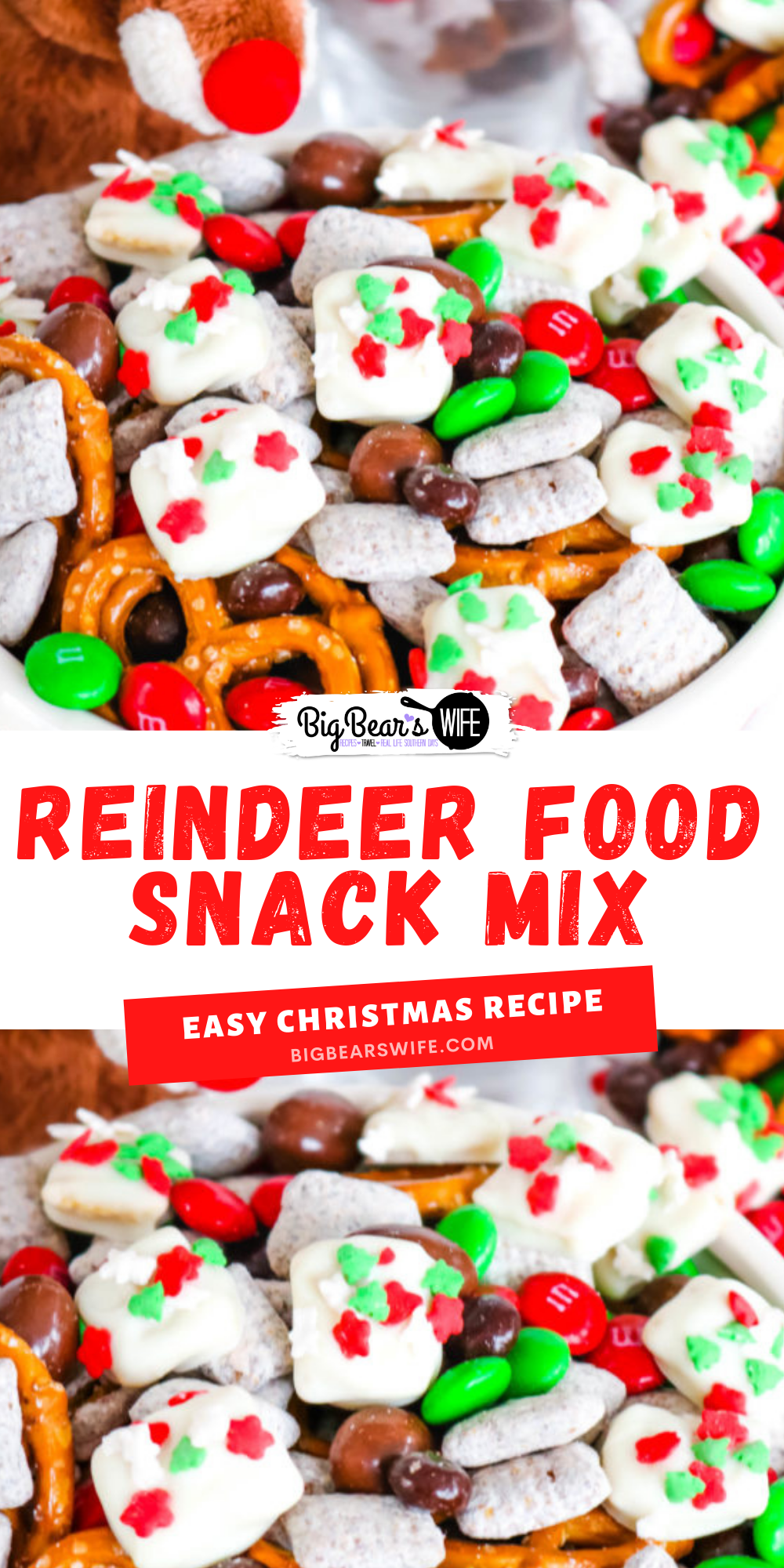 Reindeer Food Snack Mix is a festive trail mix with sweet and salty treats mixed together with homemade Reindeer Food bites!  via @bigbearswife