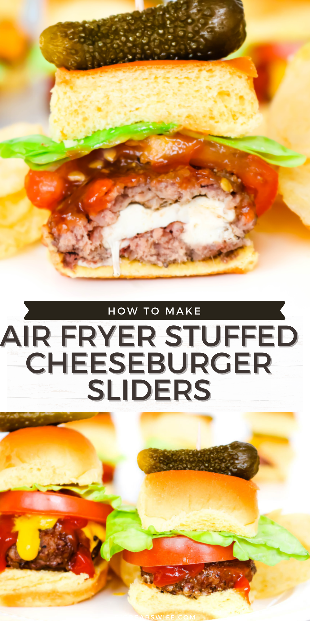 These sliders are stuffed with fresh mozzarella cheese, air-fried and topped with your favorite toppings to create the most amazing Stuffed Cheeseburger Sliders! These are perfect for game day parties or weeknight dinners.  via @bigbearswife