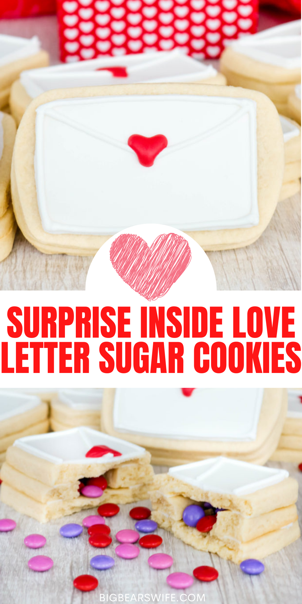 Don’t give out the same ol’ boring Valentines this year. Surprise your special someone with these Surprise Inside Love Letter Sugar Cookies. Soft sugar cookies are shaped like envelopes, stacked, and then filled with a sweet chocolate candy surprise. via @bigbearswife