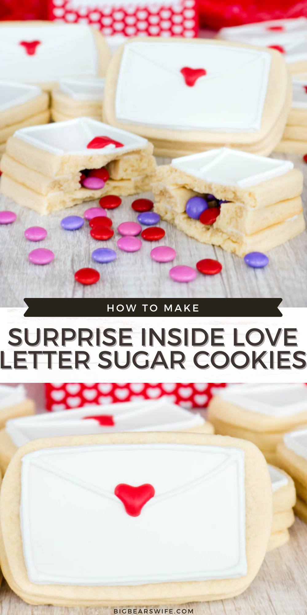 Don’t give out the same ol’ boring Valentines this year. Surprise your special someone with these Surprise Inside Love Letter Sugar Cookies. Soft sugar cookies are shaped like envelopes, stacked, and then filled with a sweet chocolate candy surprise. via @bigbearswife