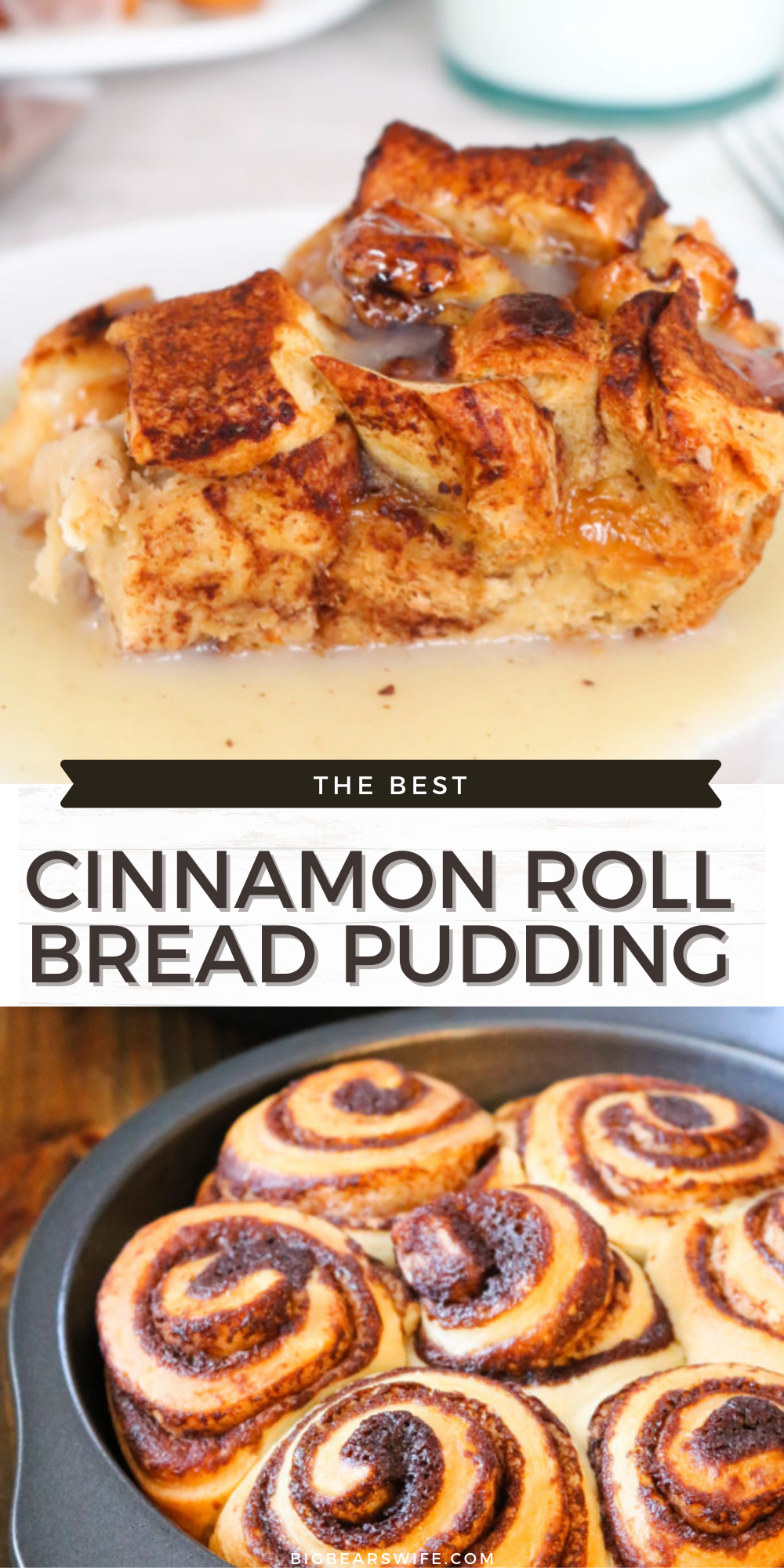 Create an indulgent treat by replacing traditional french bread with cinnamon rolls in this Cinnamon Roll Bread Pudding. Warm, gooey, cinnamon roll goodness is taken over the top with the addition of vanilla custard and a cinnamon infused glaze. 

 via @bigbearswife