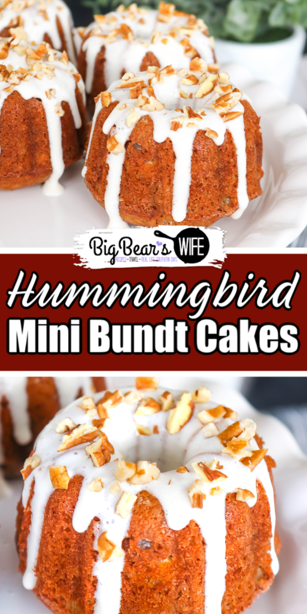 Hummingbird Mini Bundt Cakes - Stuffed with bananas, pecans, and pineapple these Hummingbird Mini Bundt Cakes make for a wonderful Easter dessert, a church potluck or Mother’s Day brunch. This southern classic has been turned into divine individual dessert with a mini bundt pan.  via @bigbearswife