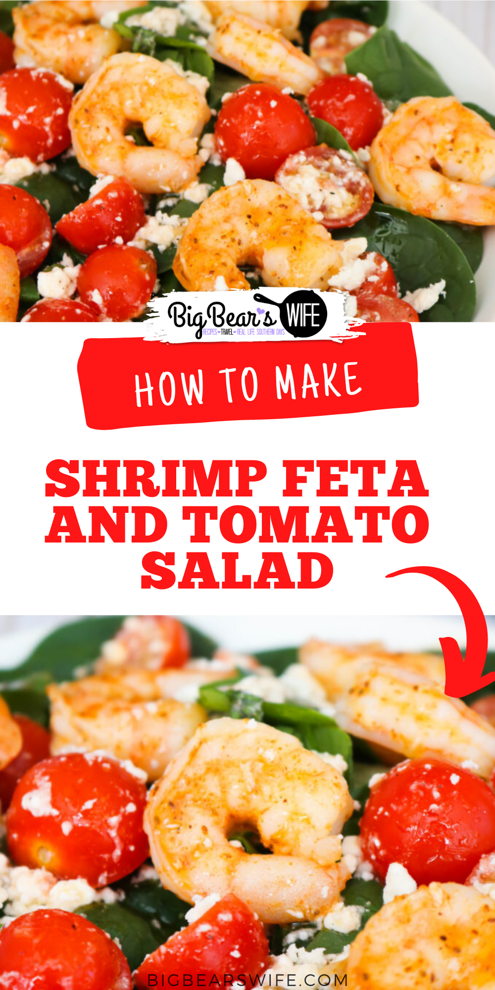 Shrimp Feta and Tomato Salad - Salads don't have to be boring nor do they needs to be loaded down with tons of fatty dressings to be tasty! This Shrimp Feta and Tomato Salad is full of seasoned shrimp, feta cheese, fresh tomatoes and dressed with a wonderful light dressing!  via @bigbearswife