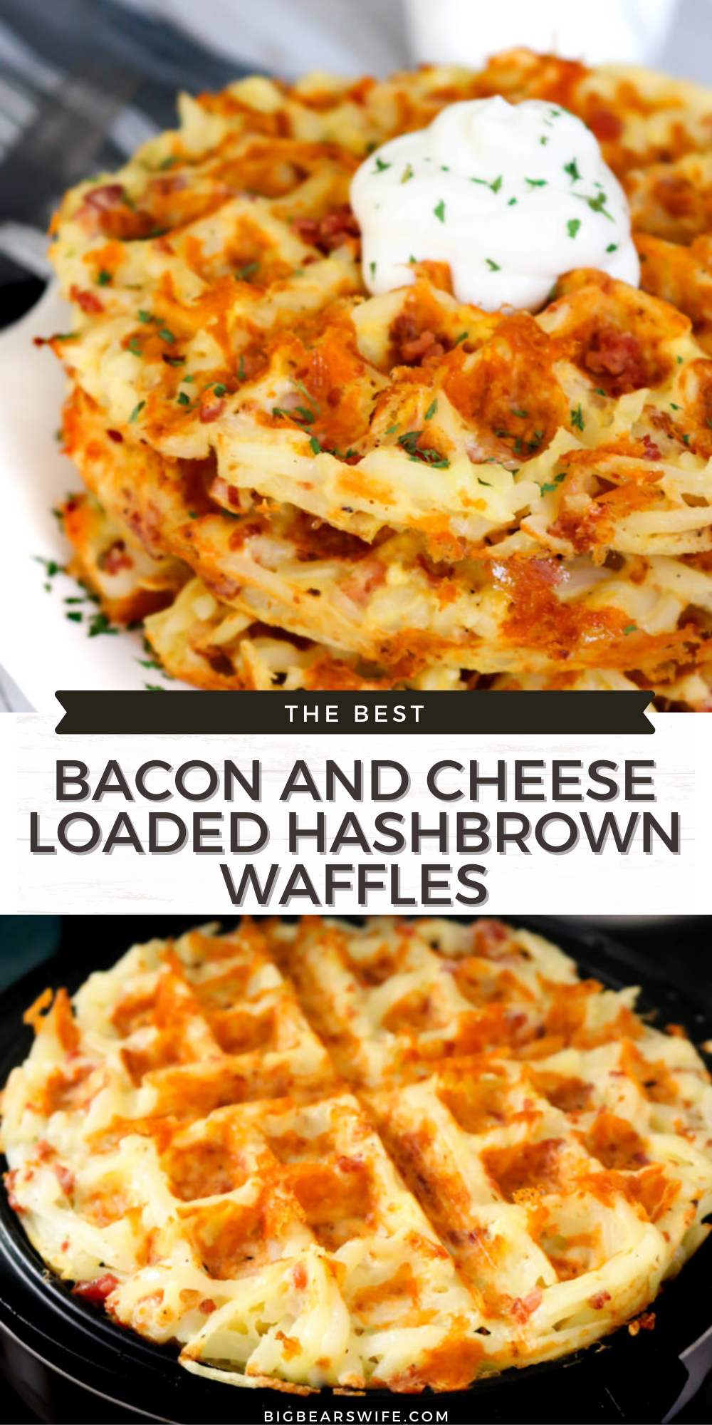 These Bacon and Cheese Loaded Hashbrown Waffles are packed with shredded hashbrowns, eggs, bacon and shredded cheese for the ultimate brunch entree!  via @bigbearswife