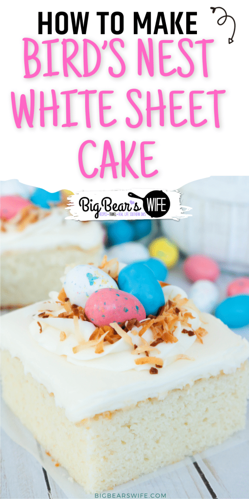 Hosting Easter dinner or Mother's day brunch? Making a cake for Sunday's Church Potluck or a baby shower? This quick and easy Bird&rsquo;s Nest White Sheet Cake is just what you need! This semi-homemade recipe starts with a box cake mix which we top with a homemade white frosting and decorate with a simple bird nest made of icing and toasted coconut and Robin&nbsp; Egg candies.
