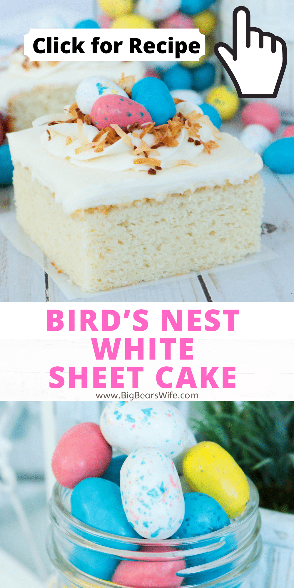Hosting Easter dinner or Mother's day brunch? Making a cake for Sunday's Church Potluck or a baby shower? This quick and easy Bird’s Nest White Sheet Cake is just what you need! This semi-homemade recipe starts with a box cake mix which we top with a homemade white frosting and decorate with a simple bird nest made of icing and toasted coconut and Robin  Egg candies. via @bigbearswife