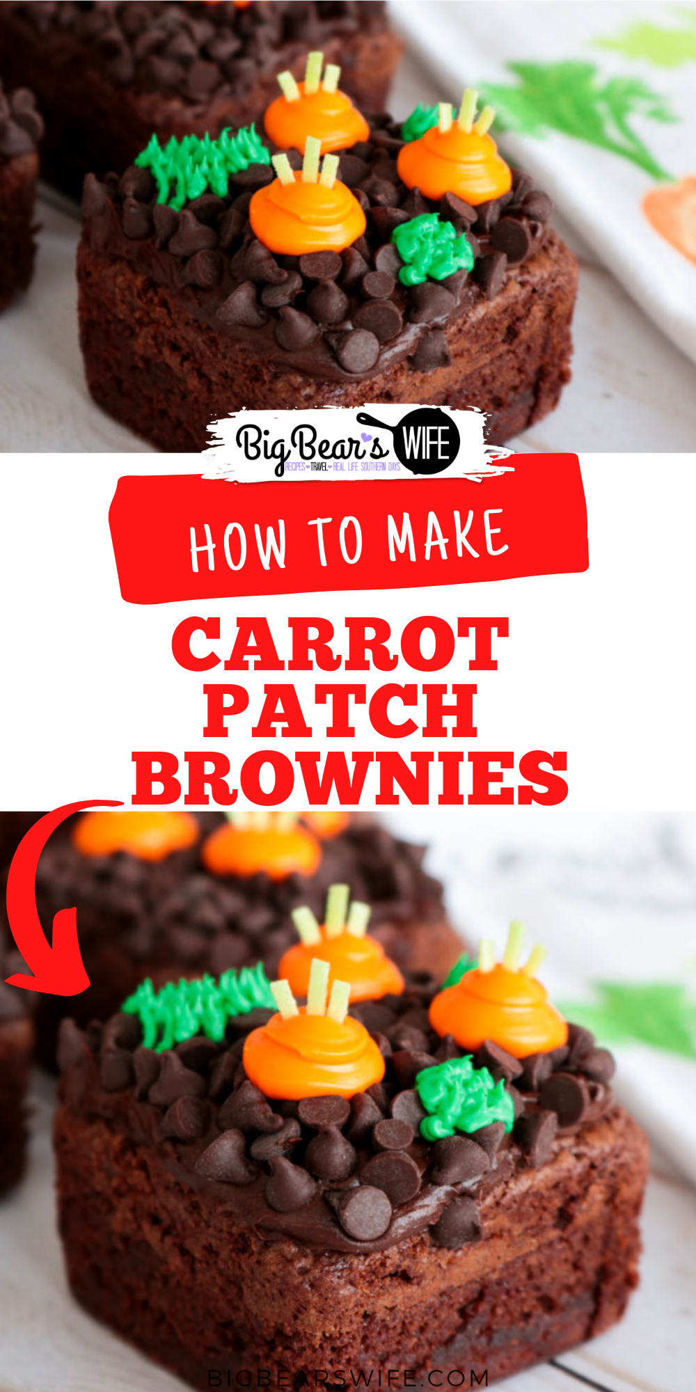 The Easter Bunny will be hopping around the corner any day now and he will love getting to snack on a few carrots from these Carrot Patch Brownies! They're easy to decorate and would look super cute as the sweet treat for any Easter or Spring time meal!  via @bigbearswife