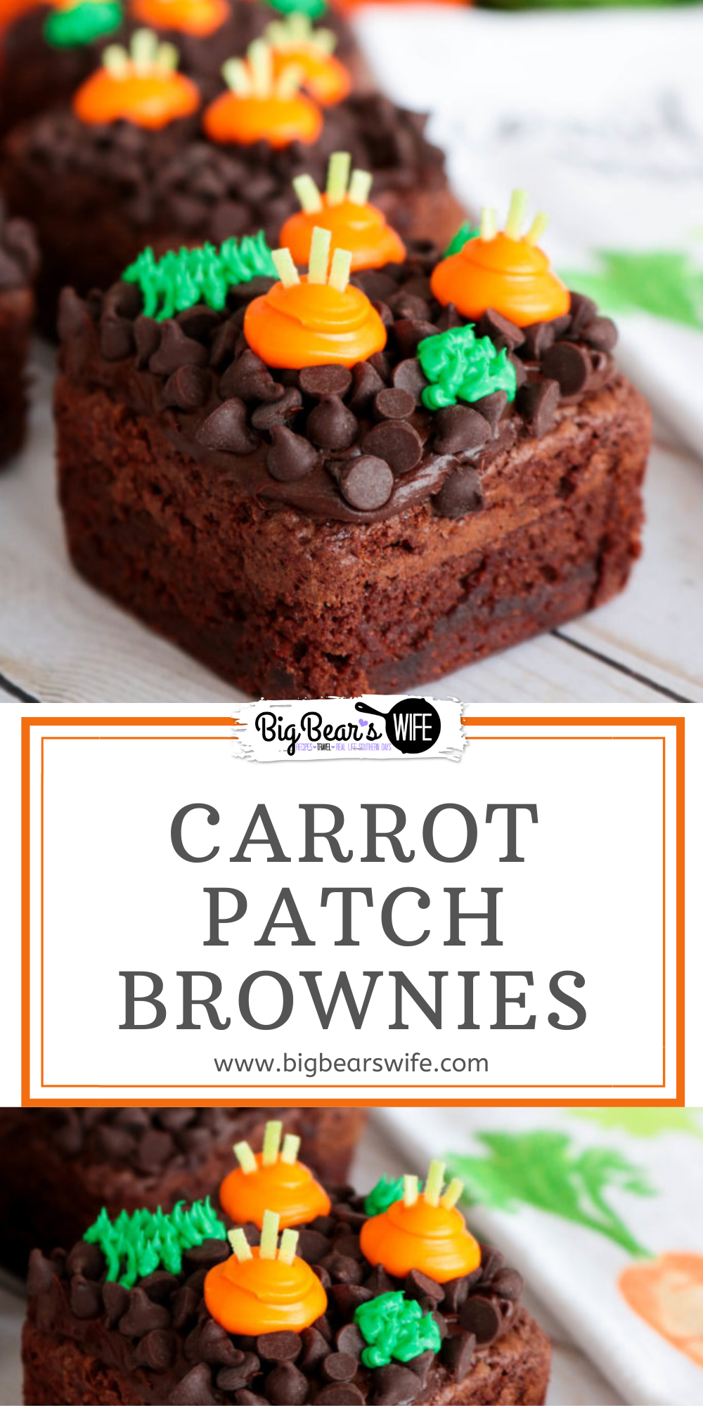 The Easter Bunny will be hopping around the corner any day now and he will love getting to snack on a few carrots from these Carrot Patch Brownies! They're easy to decorate and would look super cute as the sweet treat for any Easter or Spring time meal!  via @bigbearswife