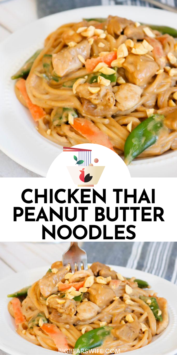Chicken Thai Peanut Butter Noodles -  These Chicken Thai Peanut Butter Noodles are perfect for a weeknight dinner! These tasty noodles are coated in a delicious peanut butter sauce and tossed together with chicken, sugar snap peas, carrot slices and brown rice noodles! It's easy to throw together but to make it even faster by using chopped rotisserie chicken in this recipe! via @bigbearswife