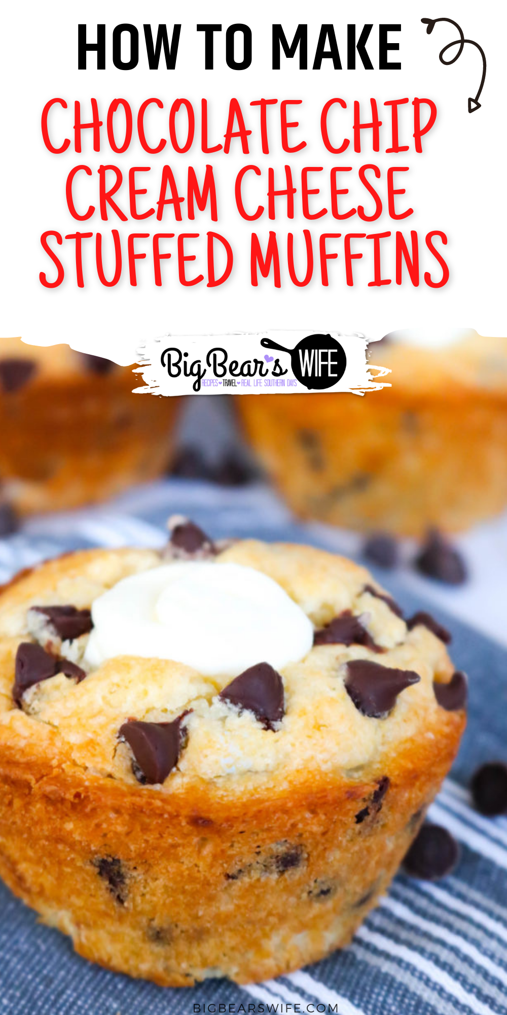 These Chocolate Chip Cream Cheese Stuffed Muffins are huge, fluffy, packed with chocolate chips and filled with a super easy cream cheese filling!  via @bigbearswife