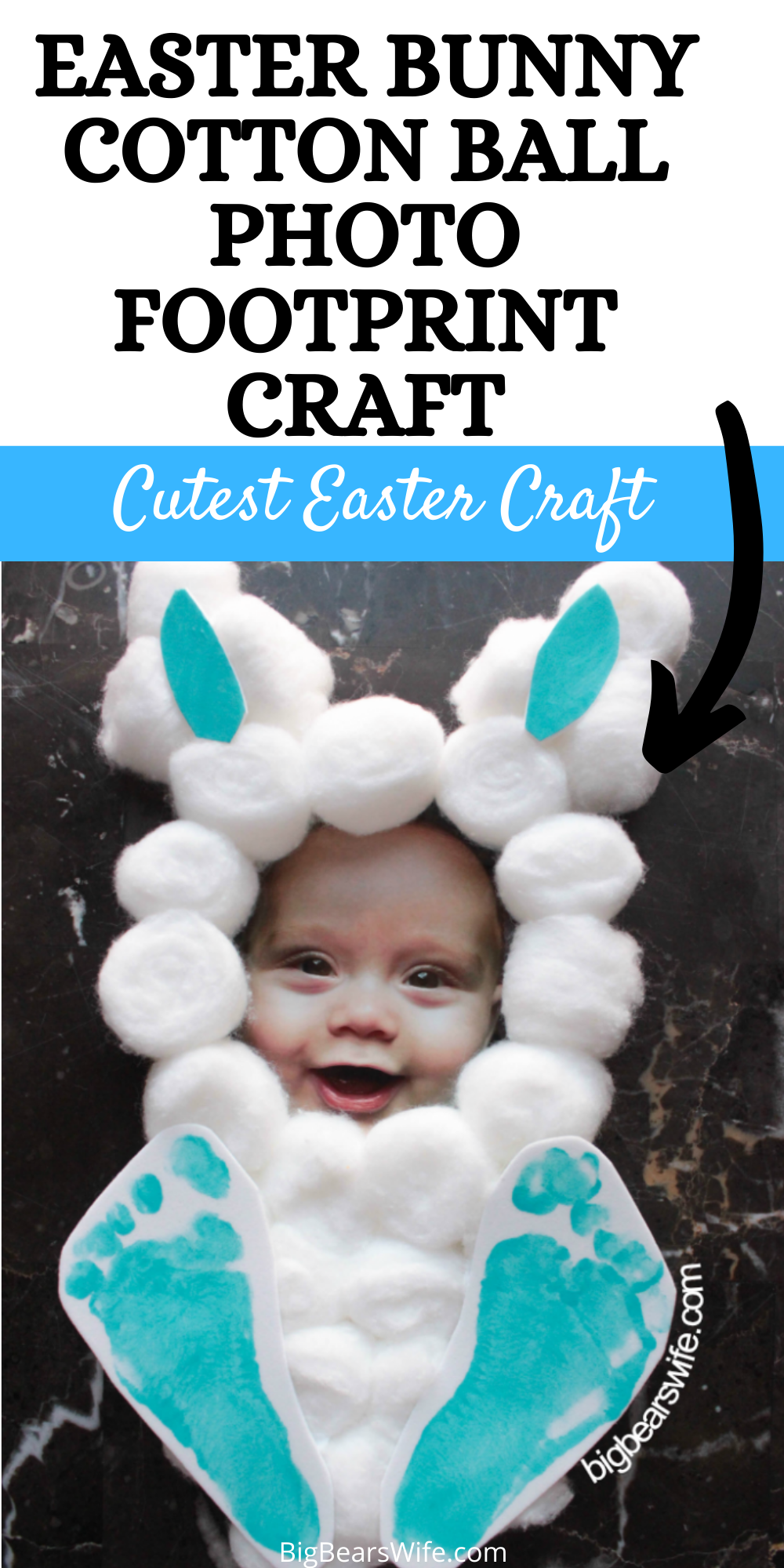 This adorable Easter Bunny Cotton Ball Photo Footprint Craft turns your little one into the cutest Easter bunny on the block! It takes just a few items from the craft store, a picture and about 10 minutes to create. via @bigbearswife