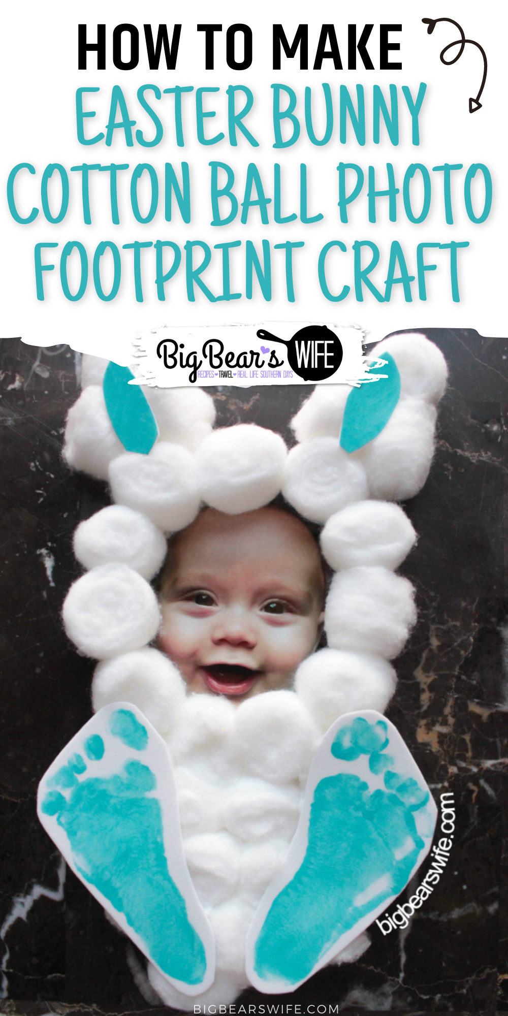 This adorable Easter Bunny Cotton Ball Photo Footprint Craft turns your little one into the cutest Easter bunny on the block! It takes just a few items from the craft store, a picture and about 10 minutes to create. via @bigbearswife