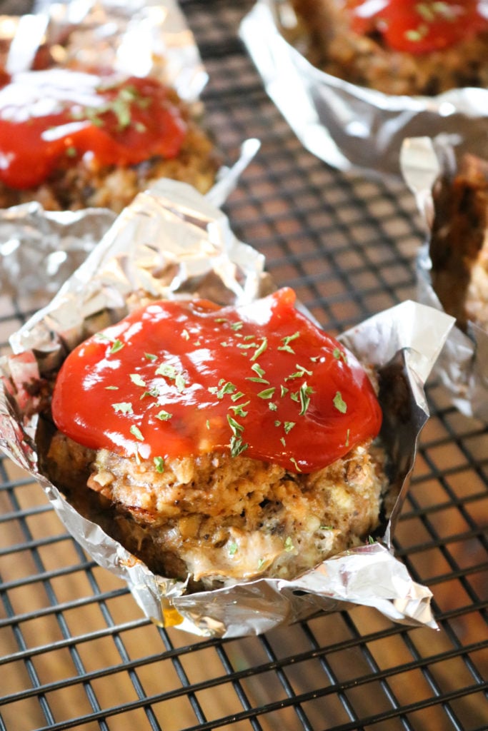 Muffin Tin Mushroom Meatloaf topped with ketchup 