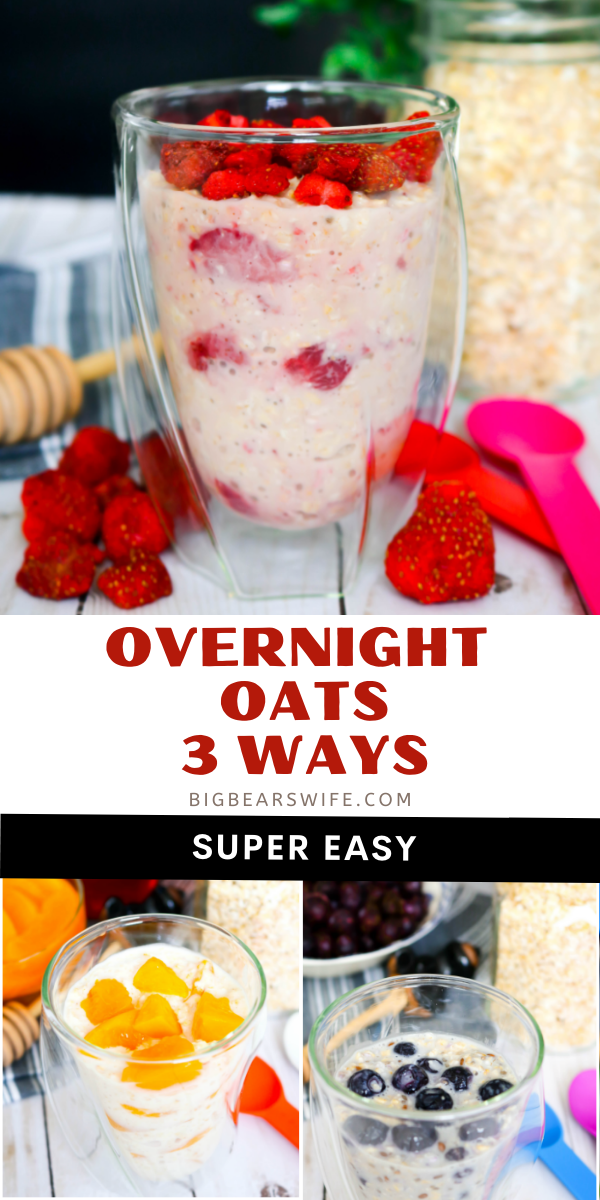 Looking for an easy breakfast or brunch idea? These overnight oats take about 5 minute to toss together and they're ready and waiting for you in the fridge when you wake up the next morning! Need variety? Good! You'll find Overnight Oats 3 Ways here! via @bigbearswife