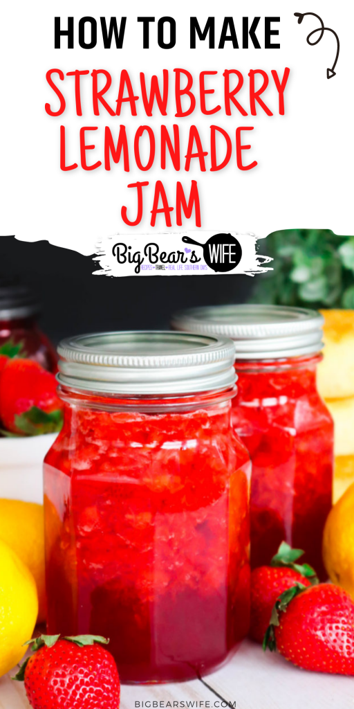 Strawberries and summer lemonade stands come together to create this delicious Strawberry Lemonade Jam.  Tastes yummy on biscuits, in a peanut butter and jelly sandwich, or on toast.   Plus, there is no fancy canning equipment involved! Refrigerate for up to 3 weeks or freeze up to 1 year.