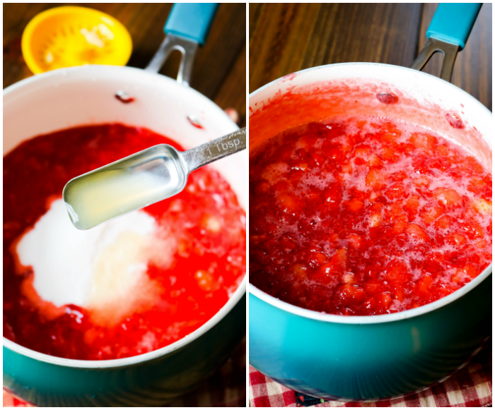 Adding Ingredients for Strawberry Lemonade Jam to Blue Sauce Pan