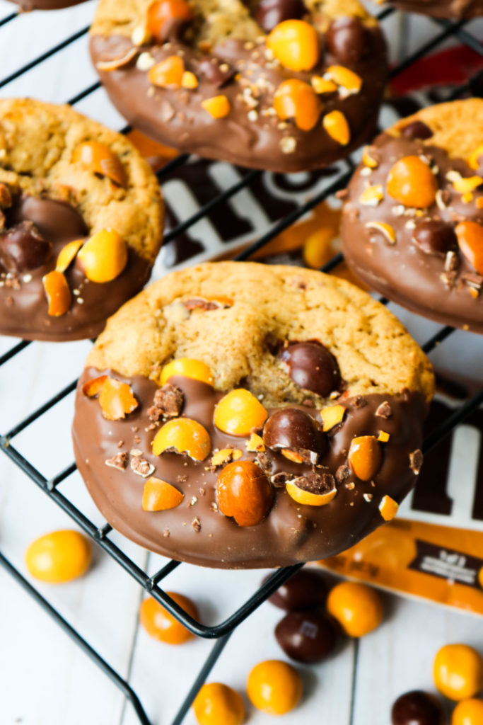 Chocolate Dipped English Toffee Peanut M&M Cookies