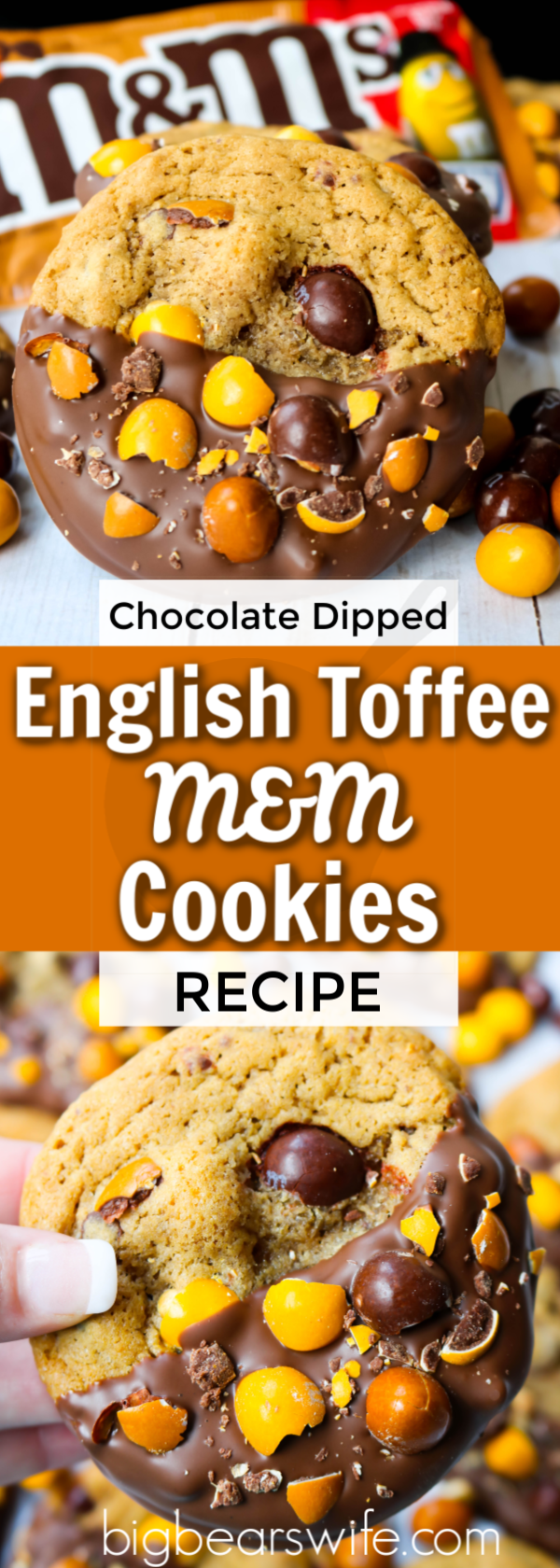 Chocolate Dipped English Toffee Peanut M&M Cookies - These homemade Chocolate Dipped English Toffee Peanut M&M Cookies are incredibly soft, packed with chocolate chips and feature the new English Toffee M&Ms! via @bigbearswife
