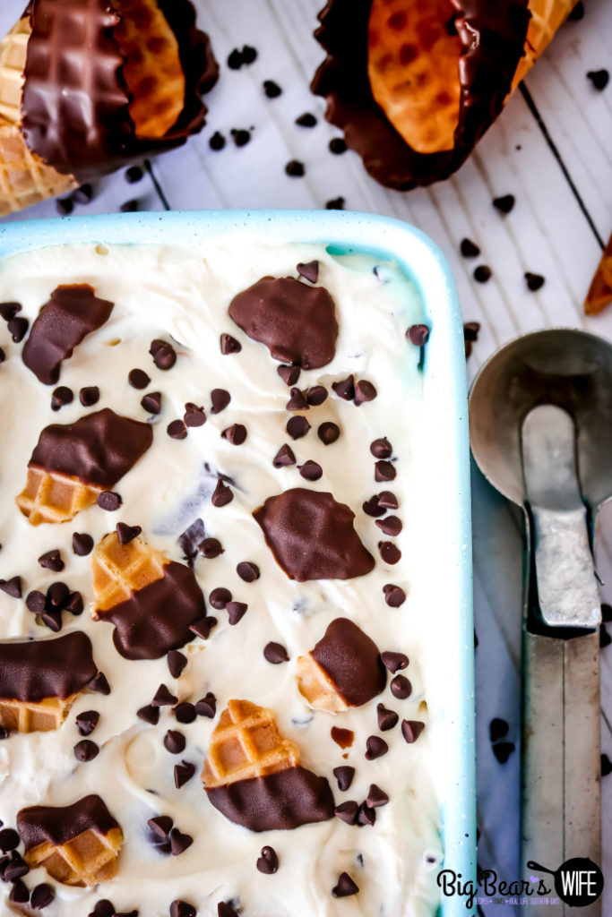 No Churn Chocolate Dipped Waffle Cone Ice Cream - The Chocolate end of the waffle cone might be one of the best parts of a drumstick but now you can have that with every bite in this easy No Churn Chocolate Dipped Waffle Cone Ice Cream!