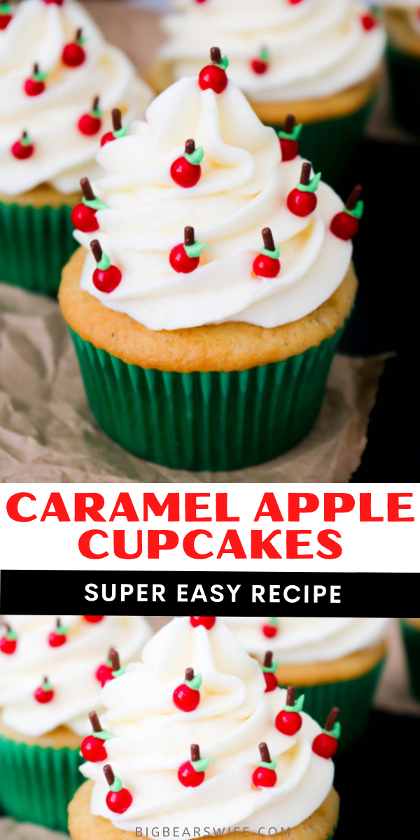 These super cute Caramel Apple Back to School Cupcakes are filled with caramel apple pie filling and decorated with the cutest little apples! 

 via @bigbearswife