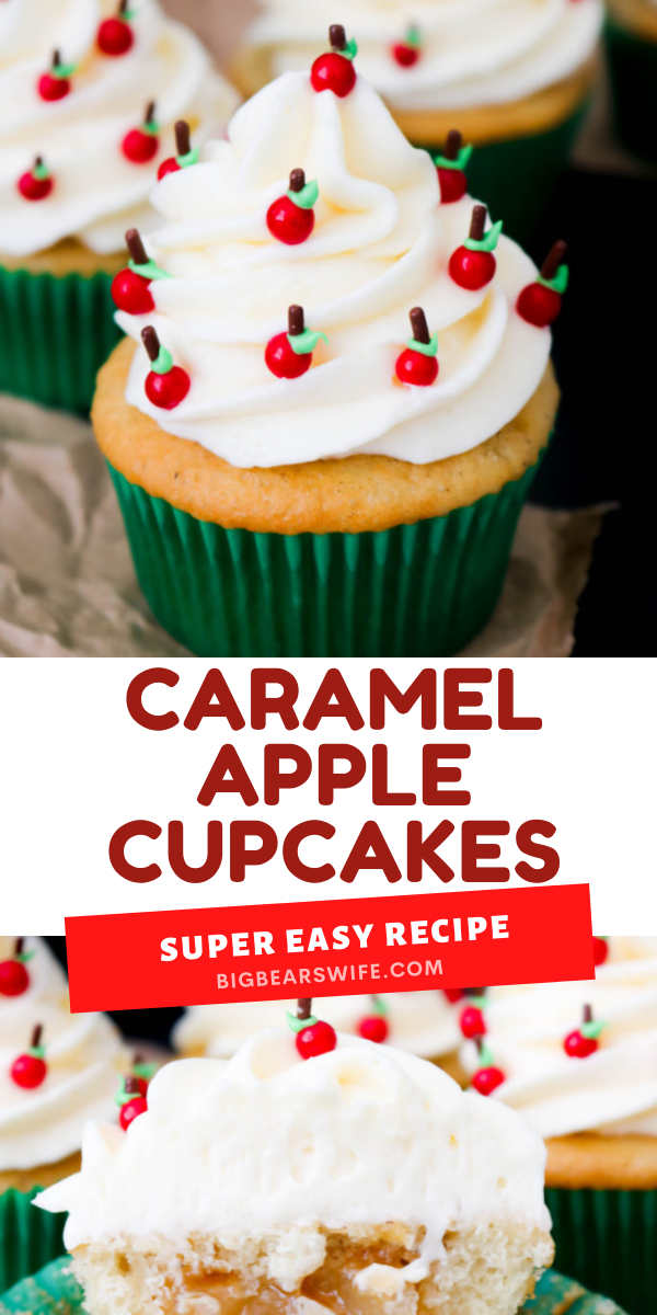 These super cute Caramel Apple Back to School Cupcakes are filled with caramel apple pie filling and decorated with the cutest little apples! 

 via @bigbearswife