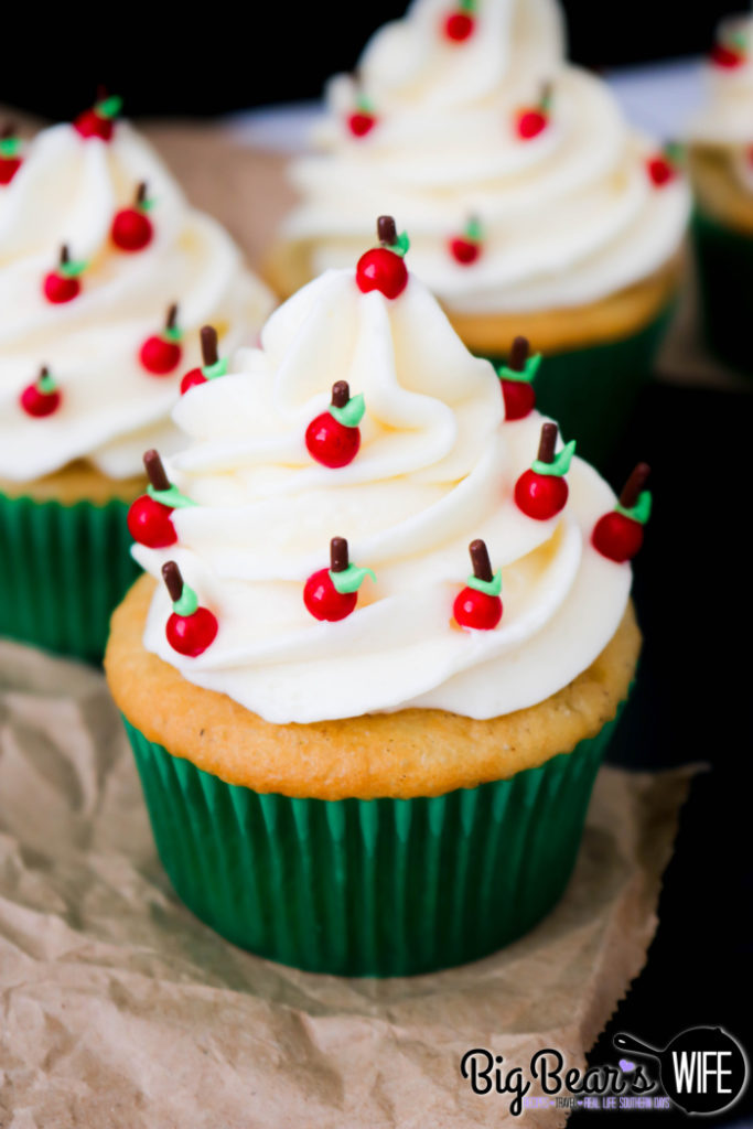 Caramel Apple Back to School Cupcakes with mini apples on the frosting 